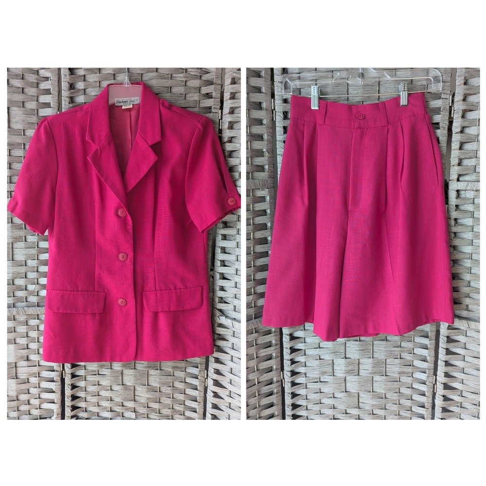 Vtgā 90s 2 Pc Set Pink Pleated High Waist Shorts Culottes Short Sleeve Blazer